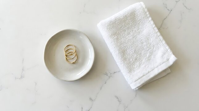White cotton towel and gold rings on marble.