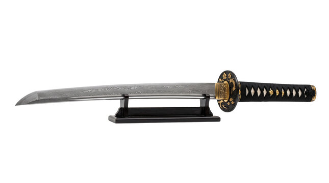 Japanese katana sword on black display stand. Traditional samurai katana with damascus steel blade. Authentic martial arts weapon with gold tsuba. isolated PNG with Transparent Background