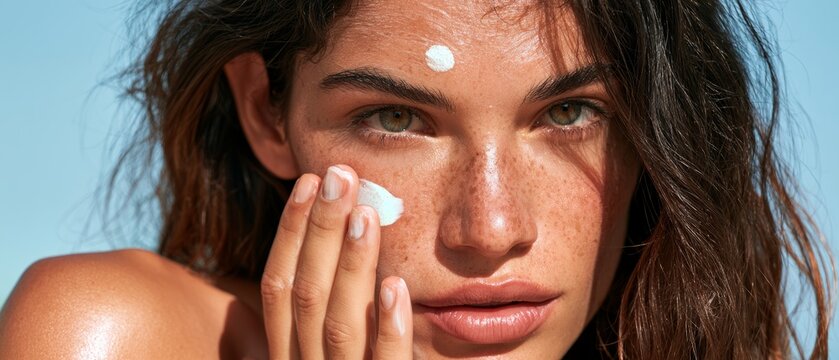Freckled Woman Applying Mineral Sunscreen to Her Face