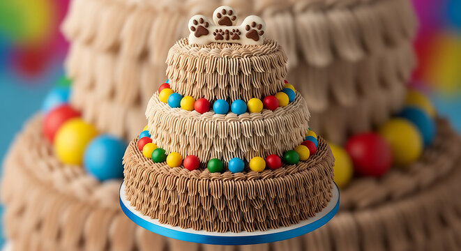 Three tiered chocolate frosted cake decorated with paw print topper