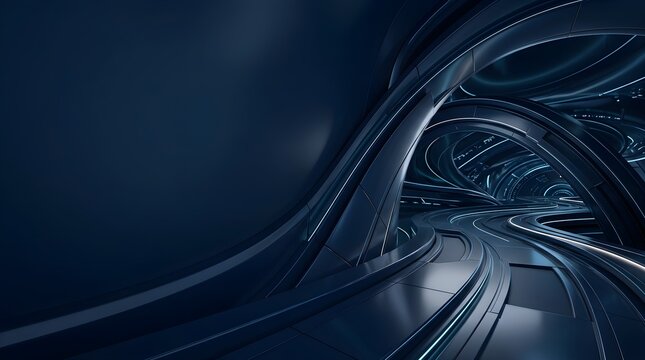 Dark Blue Futuristic Technology Background with Abstract Metallic Curves