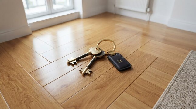 A set of brass keys lies resting upon the warm wooden floorboards inside a bright living area creating a sense of new beginnings and home ownership for individuals purchasing property