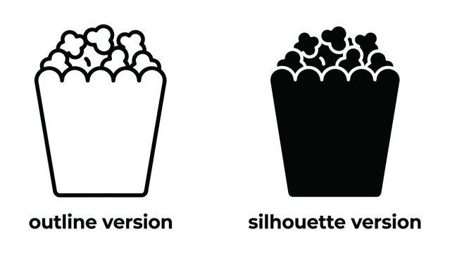 Popcorn Icons: Two graphic representations of a popcorn box, one in outline and the other as a solid silhouette, perfect for media or snack-related designs.