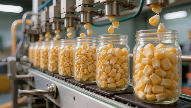 Automated conveyor line filling glass jars with fresh corn kernels at a manufacturing plant. Industrial production and packaging process for canned food and vegetables