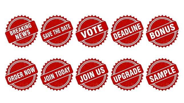 Set of red round grunge rubber stamps with various text labels