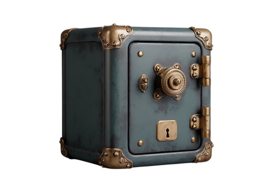 Vintage safe with combination dial and keyhole detailed metallic construction against a black background