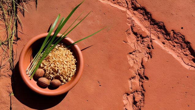 Terracotta Bowl with Rice Grains and Betel Nuts on Clay Floor