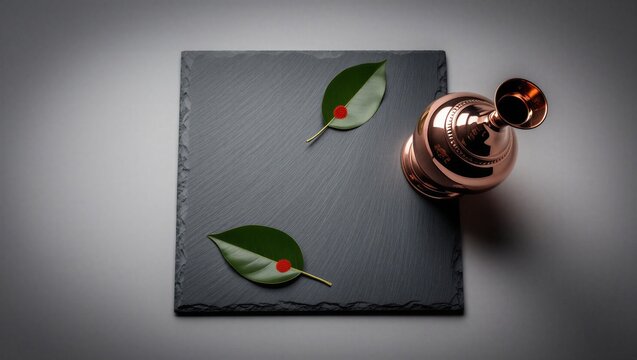 Polished Copper Kosha Kushi Vessel and Betel Leaves on Dark Slate