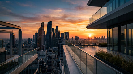 Naklejka premium Modern Cityscape Balcony View Sunset Skyline Luxury Apartments Highrise Buildings