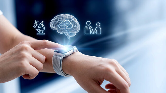 Close-up of person using smart Wearable Devices for Health monitoring, showcasing futuristic AI medical analysis with holographic brain and cloud database icons