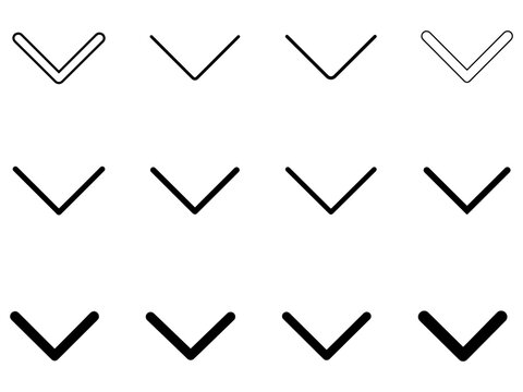 Black down chevron arrow vector icon for app interfaces, websites, infographics, presentations and marketing.