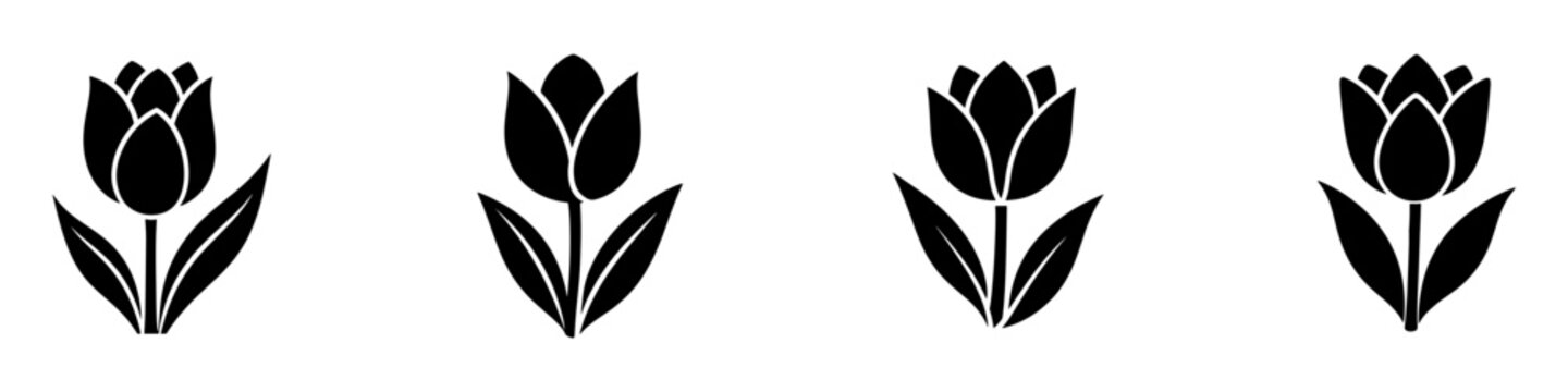 Minimalist blooming tulip flower vector icon with bold black shapes on a clean white background.