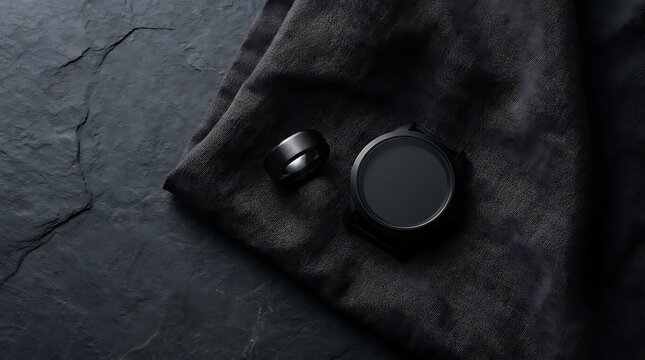 Minimalist black flat lay with watch and accessories.
