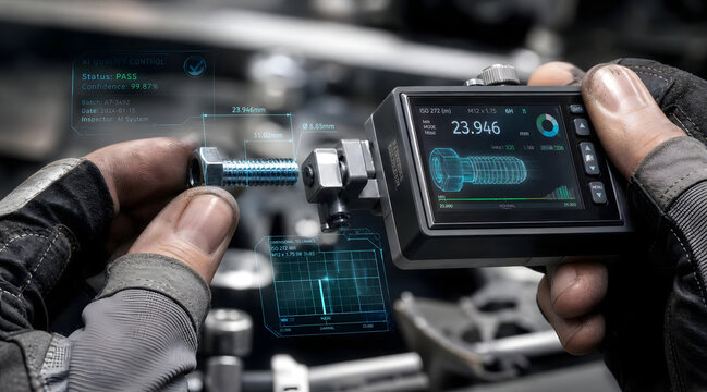 Technician measuring bolt thread dimensions with handheld digital gauge.