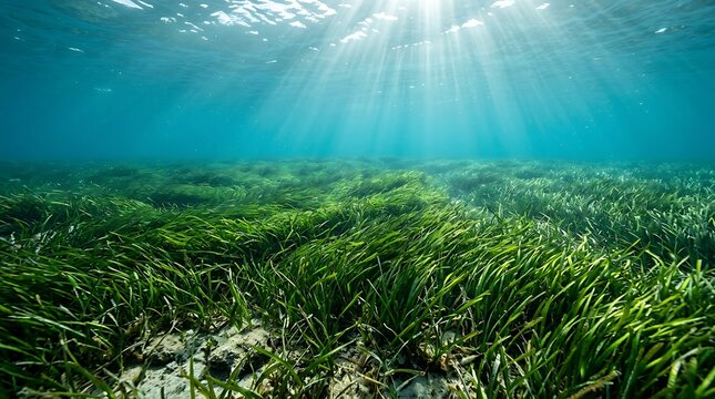 Lush green seagrass meadow swaying in clear blue water