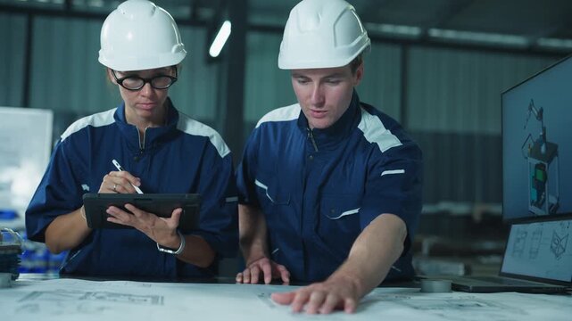 Male contractor and female technician analyzing a computer monitor in a workshop. Demonstrating collaboration, technology, and maintenance.