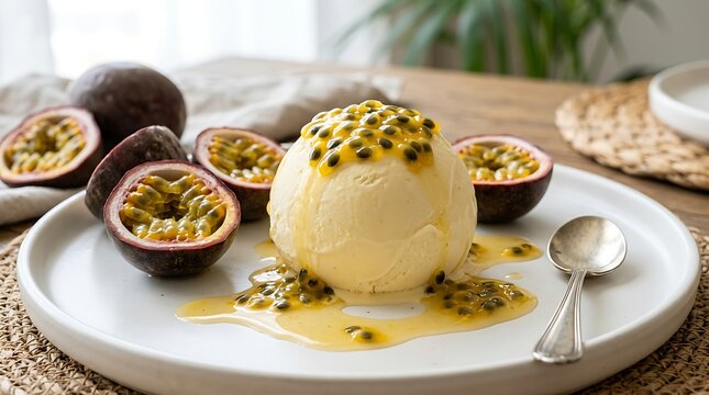Passion fruit sorbet with fresh fruit halves and syrup