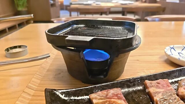 Lighting the cooking candle fire under a small shichirin cast iron grill for barbecue, Japanese Food Preparation, Cast Iron Kitchen Equipment, Restaurant Interior, Slow Motion