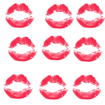 Red Lips Kiss Marks Pattern on White Background, Colorful Lipstick Print Grid, Beauty Texture Stock Photo

