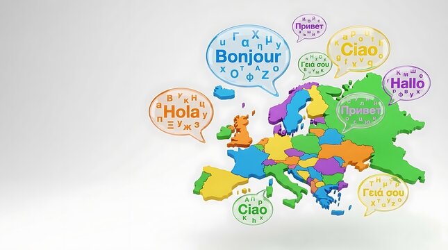 3D map of Europe with multilingual greeting speech bubbles.