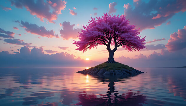Single tree with bright pink blossoms standing on a small rocky island surrounded by calm water with reflections at sunset