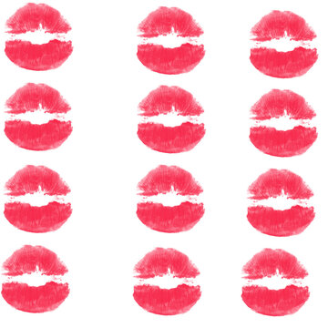Grid of Twelve Bright Red Lipstick Kiss Prints on White Background &mdash; Repeating Romantic Makeup Pattern

