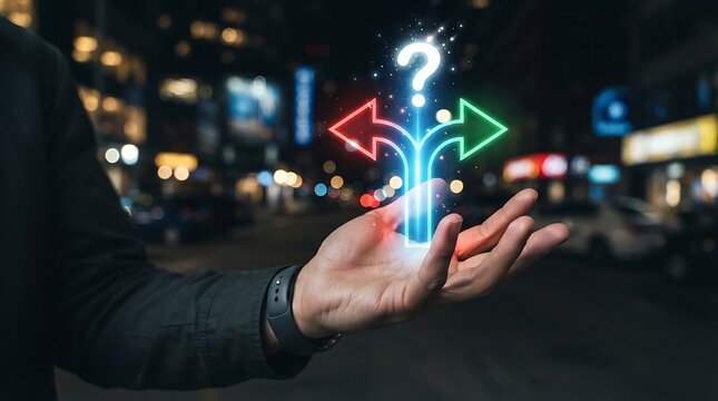 Human hand holding a glowing digital of a split path with a question mark, neon red and green arrows against a blurred city street