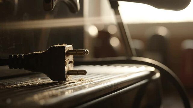 Unplugged black electrical power cord resting on a dusty surface of a commercial espresso machine in an abandoned cafe interior setting representing business bankruptcy