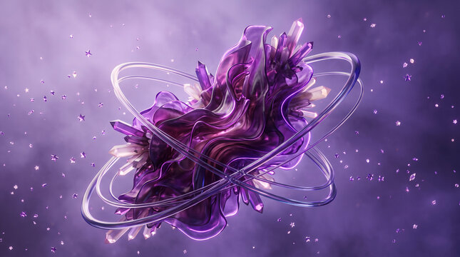 Abstract 3D purple crystal fluid liquid core with glowing orbital neon rings in cosmic dark space background