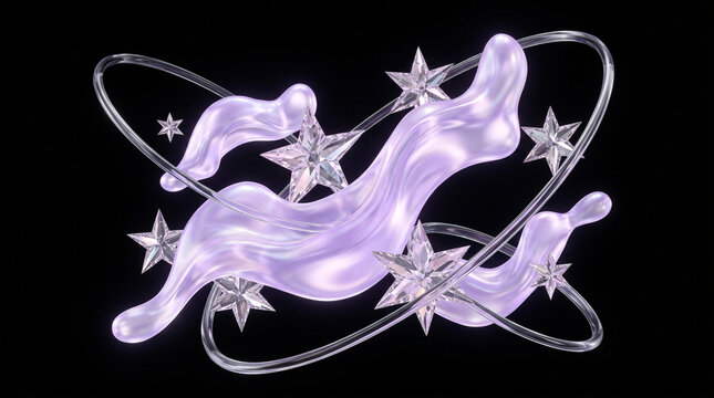 Purple 3D liquid wave with crystal stars and glass orbits on black background, futuristic cosmic aesthetic graphic
