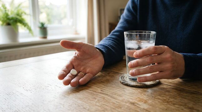 Person sitting at a wooden table, holding a single white round pill in one palm and a clear glass of water with ice in the other hand