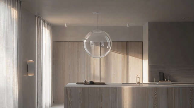 Minimalist kitchen interior with round pendant lamp and wood details