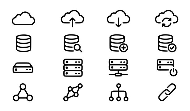 Modern monoline cloud computing icon vector set with simple database server and network app symbols for mobile ui design