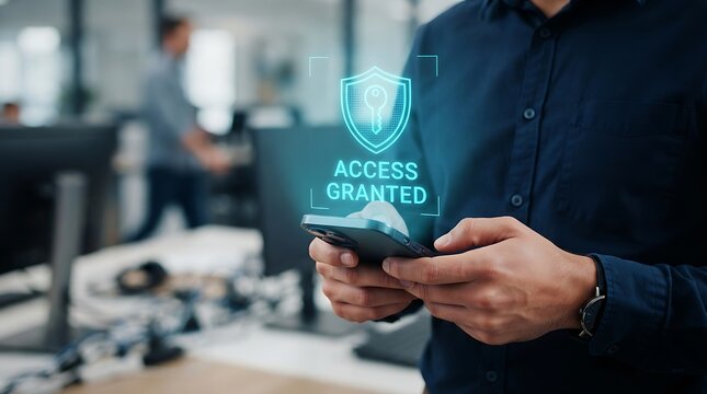 Person in dark blue shirt holding a smartphone displaying a glowing blue shield and the text access granted in an office setting