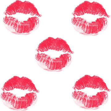 Five Red Lipstick Kiss Imprints in Diamond Pattern on White Background &mdash; Symmetric Romantic Makeup Design

