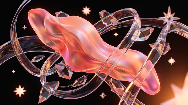 Abstract 3D rendering with glowing pink fluid shape, transparent glass ribbons, and sparkling stars