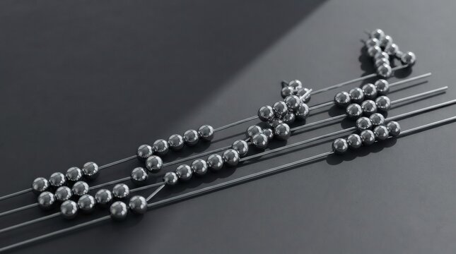 Metallic sphere abacus beads arranged purposefully along horizontal parallel guide wires across dark surface demonstrating mathematical calculations or financial arithmetic principles in