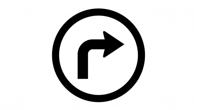 Turn right traffic sign vector icon with curved right arrow symbol in circle isolated on white background