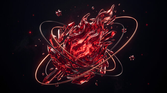 Abstract 3D ruby red crystal flame featuring glowing energy rings and floating glass shards on a black background