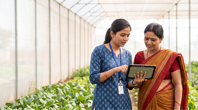 Indian female agri-tech officer explaining digital crop data to a woman farmer on a tablet in a modern greenhouse