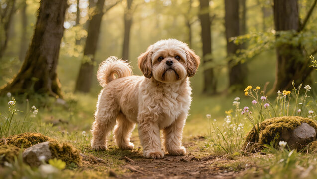 Pugapoo Dog Standing on Grassy Woodland Trail in Natural Habitat