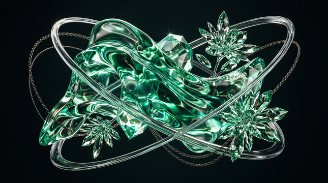 Abstract 3D Green Crystalline Fluid with Glass Swirls and Flora on Dark Background
