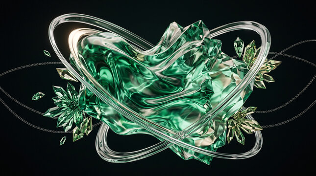 Abstract 3D Render of Luminous Emerald Fluid Form with Elegant Glass Rings and Shimmering Crystalline Details