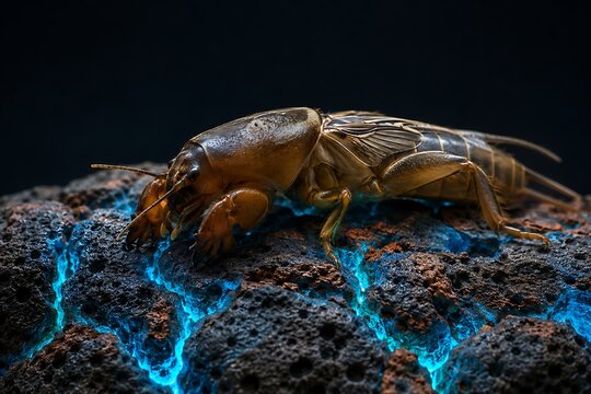 Mole cricket on rugged rock with glowing blue cracks and dramatic dark background