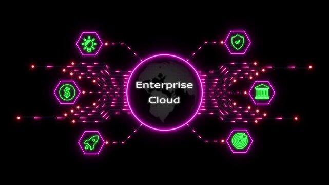 Enterprise cloud computing network concept with glowing digital and global data connectivity animation