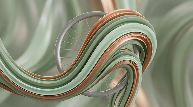 Abstract bicycle wheel with swirling green and copper bands.