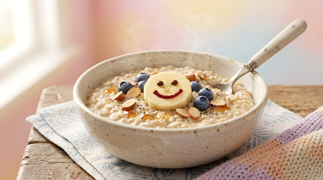 Bowl of hot oatmeal with nuts and spoon