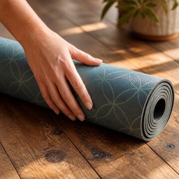 Hand rolling up a patterned yoga mat on a warm wooden floor at home