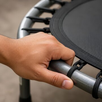 Close-up of a hand gripping the metal frame of a mini trampoline