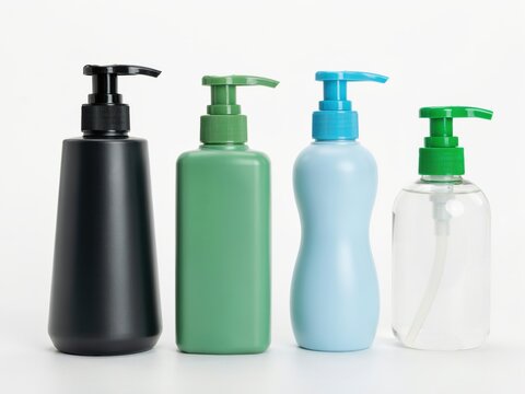 Four colored pump bottles isolated on white background. Beauty product mockup.